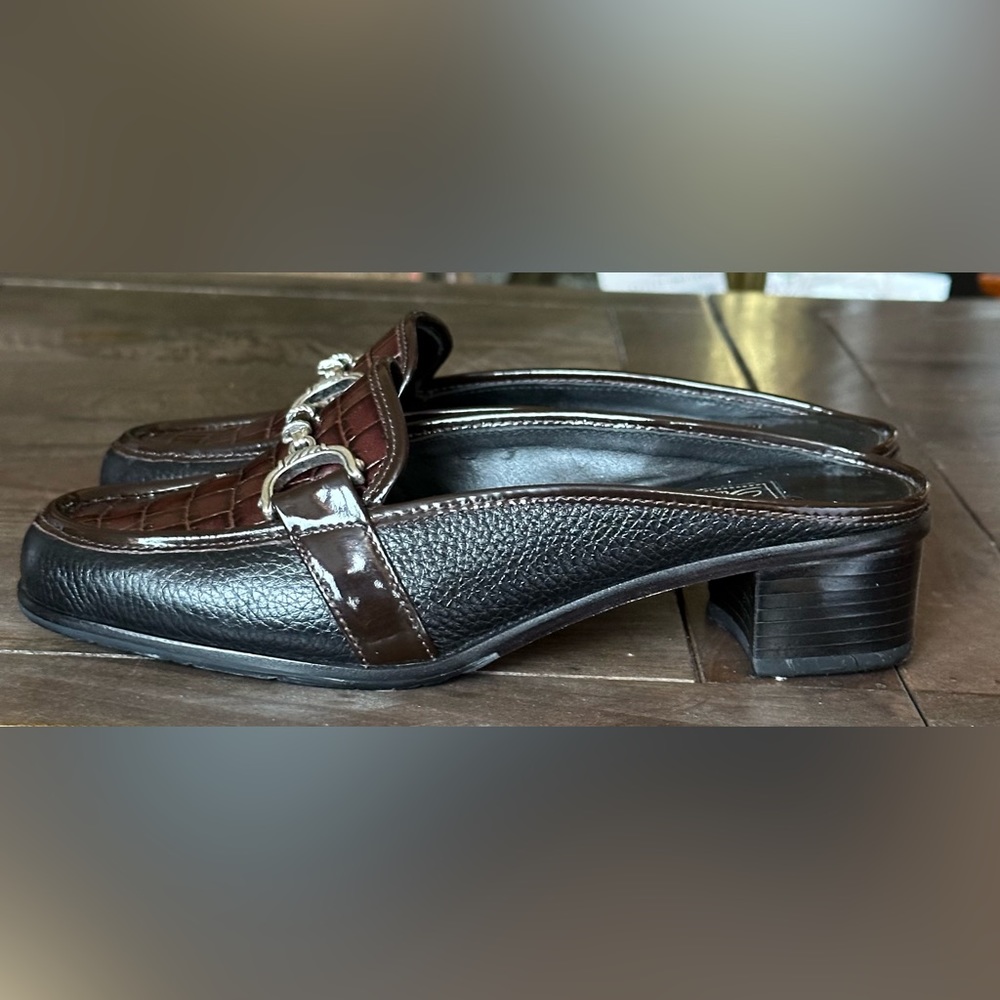Brighton Austen Mules Brown Croc And Black Leather Open Back Slip On Sz 5 - Picture 7 of 13